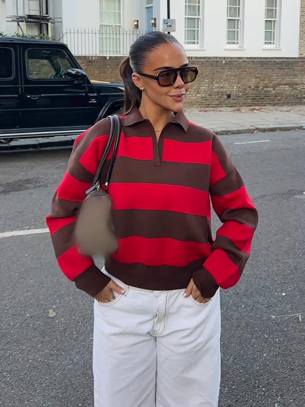 Zara Red and Brown Striped Rugby Pullover